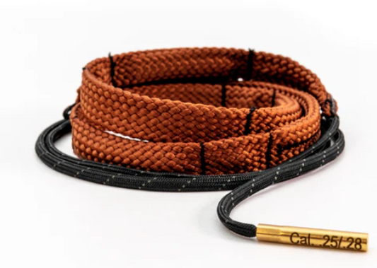 Coiled brown and black rope with a brass end on a white background.