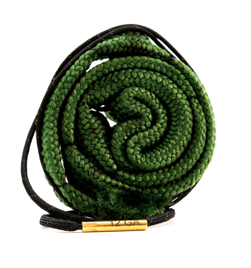 Coiled green and black rope with a brass end on a white background.