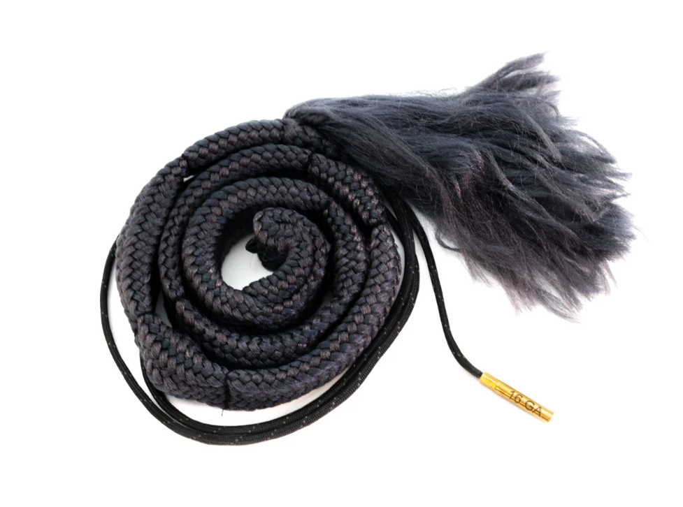 Coiled gray and black rope with a brass end on a white background.