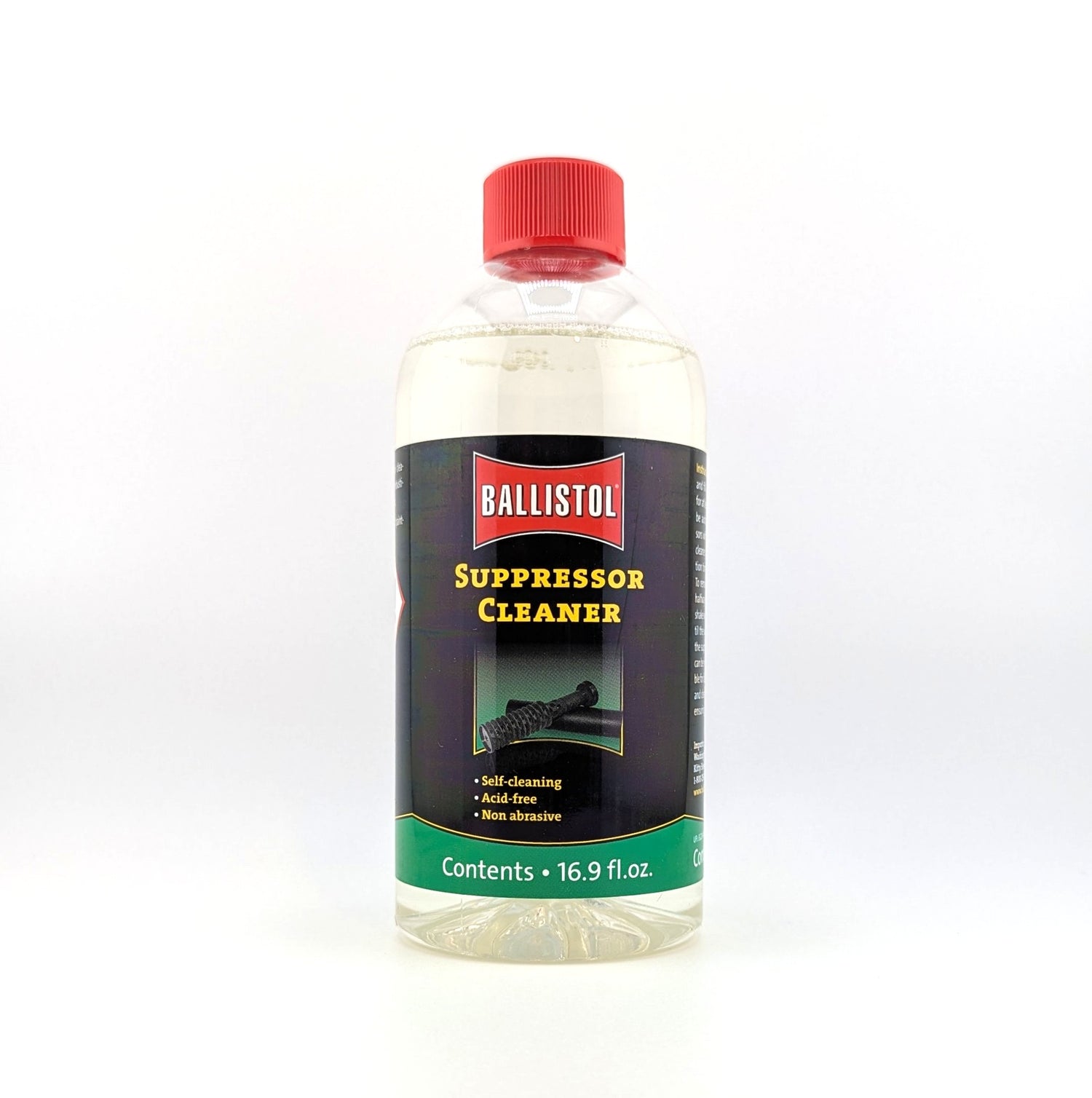 A bottle of Ballistol Suppressor Cleaner in front of a white background.