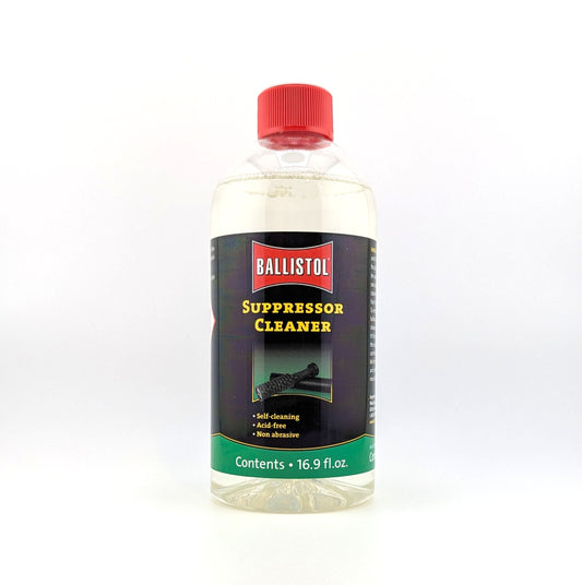 A bottle of Ballistol Suppressor Cleaner in front of a white background.