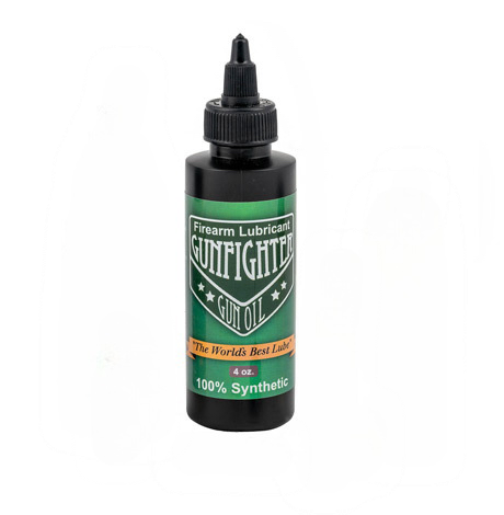 A 4 ounce bottle of Gunfighter Gun Oil on a white background.