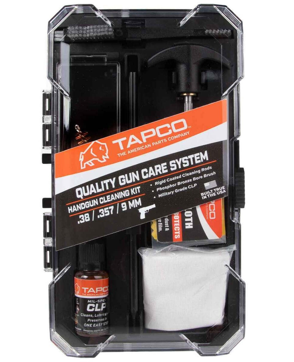 Tapco gun cleaning kit with various components in a clear case on a white background