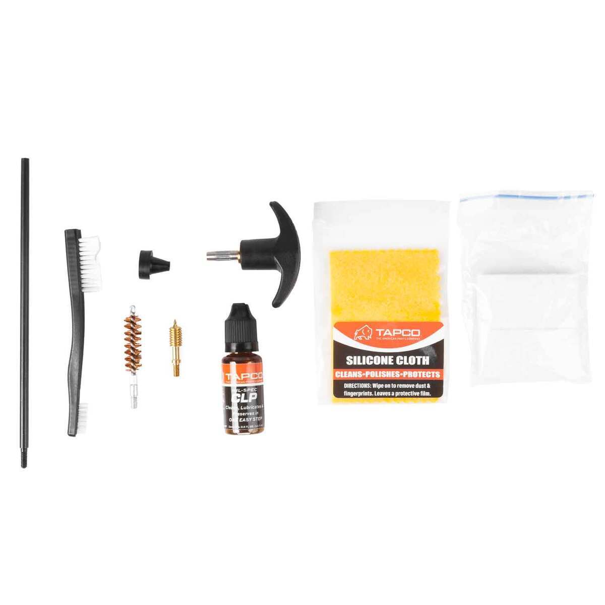 Collection of gun cleaning tools and supplies on a white background