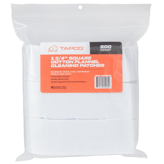 A bag of 500 1.75" Square Cotton Flannel Bore Cleaning Patches made by Tapco in front of a white background.