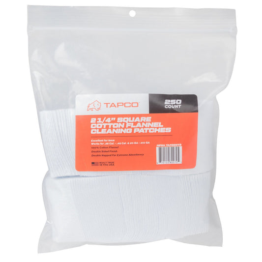 A 250-count bag of Tapco 2.25" square cotton flannel cleaning patches in front of a white background.