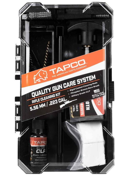 Tapco gun cleaning kit with tools and a bottle in a clear case on a white background