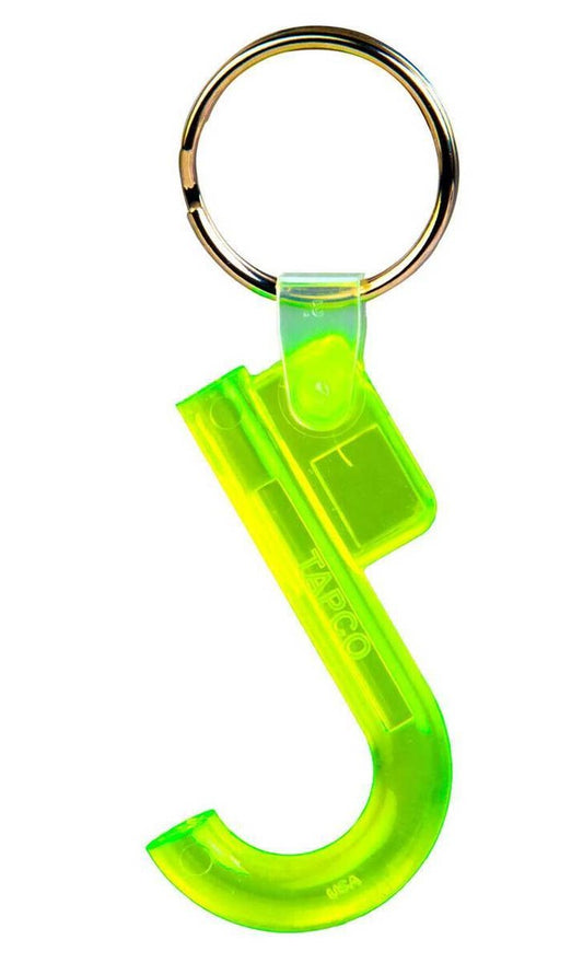 Green plastic hook keychain on a white background
