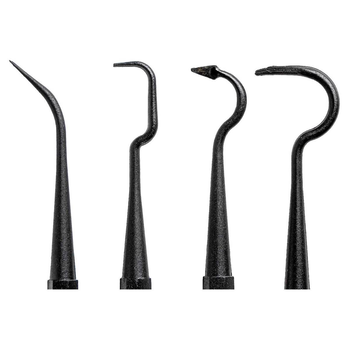 Four black dental tools with varying hook designs on a white background