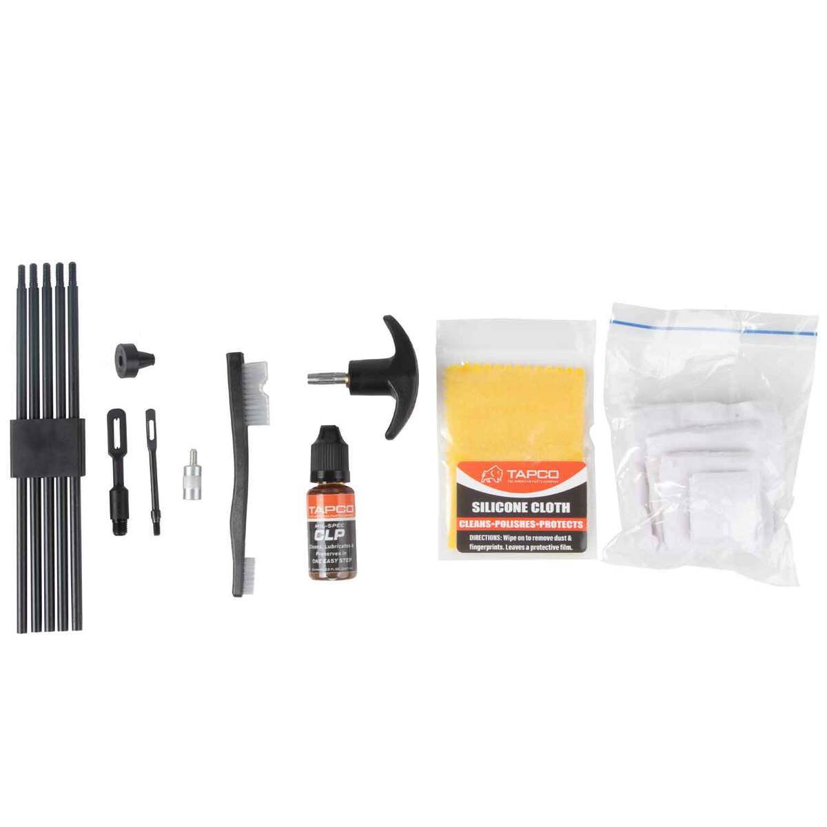 Collection of firearm tools and supplies on a white background