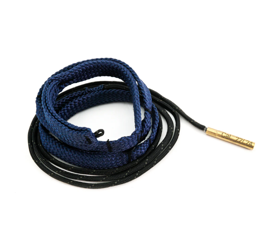 Coiled blue and black rope with a brass end on a white background.