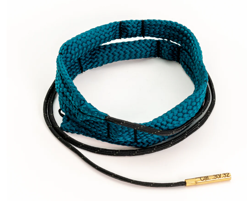 Coiled teal and black rope with a brass end on a white background.