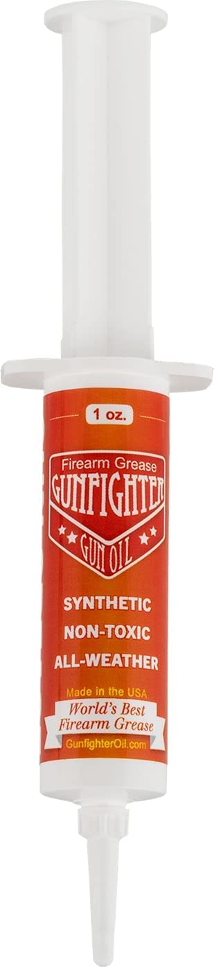 Firearm grease syringe with red label on white background