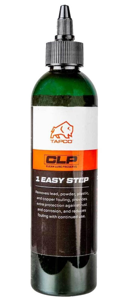 An 8 ounce bottle of Tapco CLP in front of a white background.