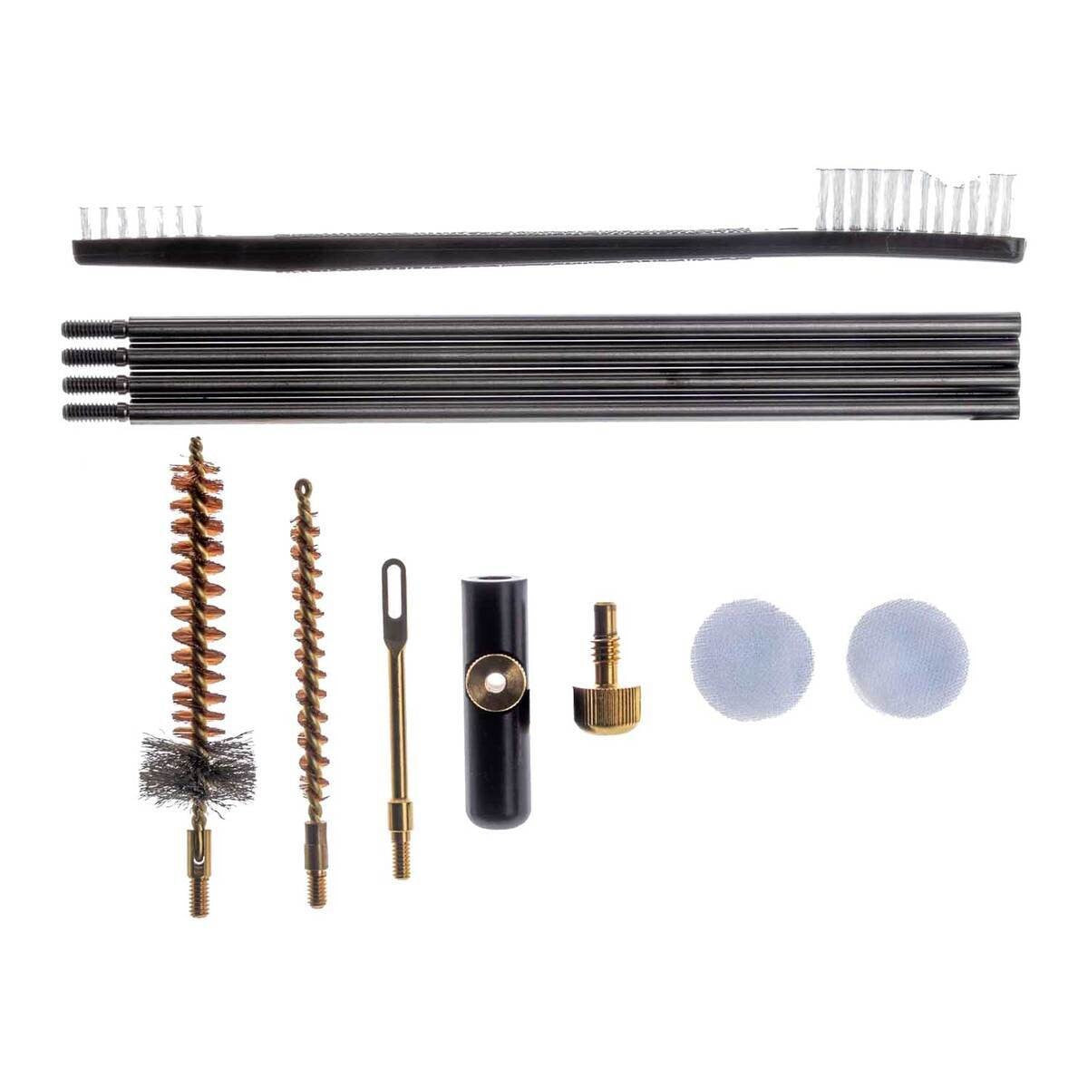 Collection of gun cleaning tools on a white background