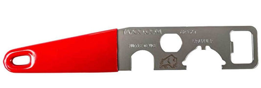 Multitool with red handle and metal components on a white background